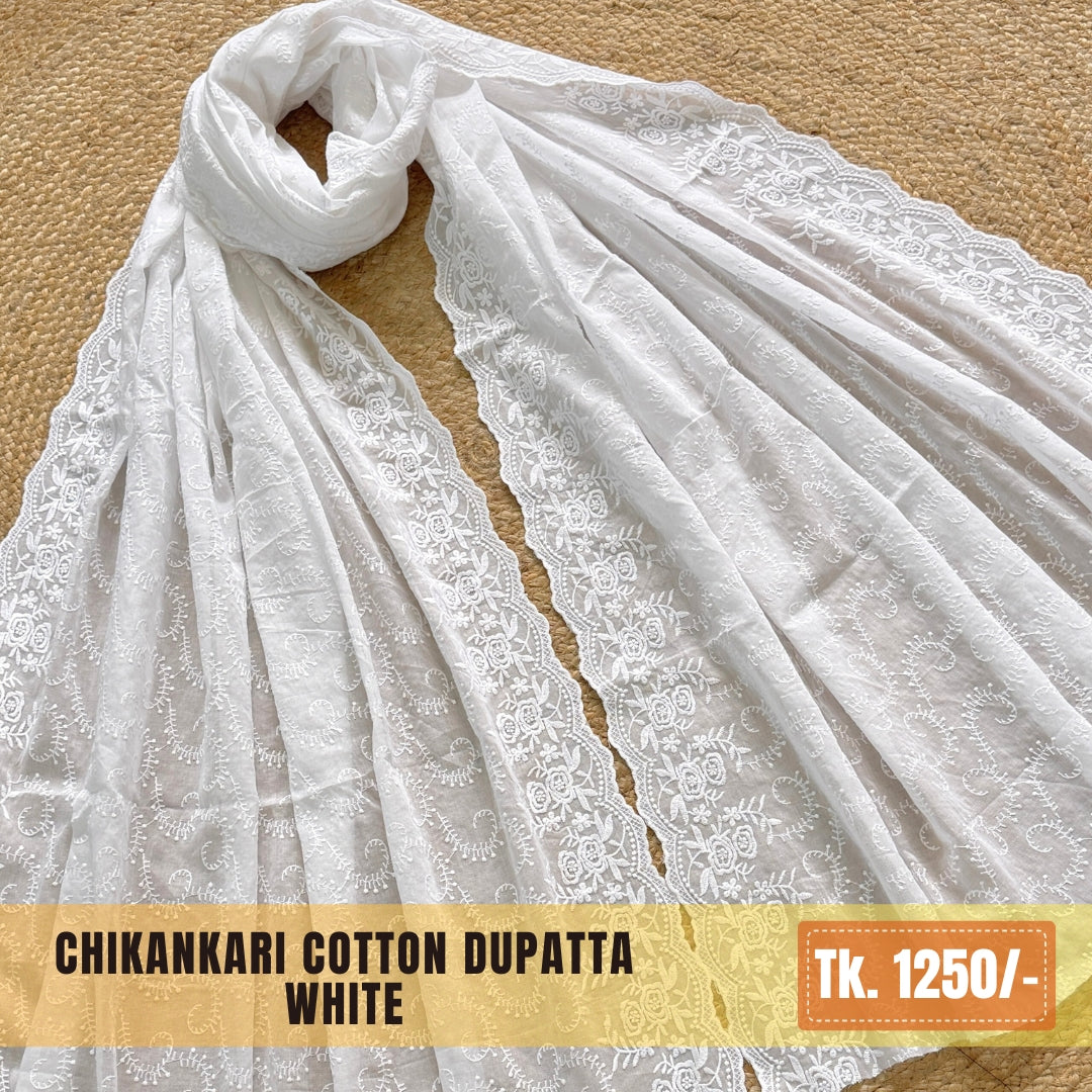 Chikankari Cotton Dupatta – White (SKU:CD-0007)