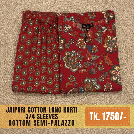 Jaipuri Cotton Long Kurti Co-ord Set - Deep Red & Multi-Color Floral Print