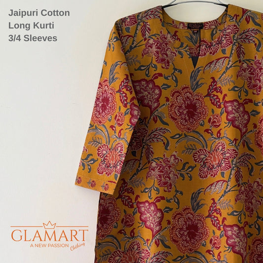 Jaipuri Cotton Long Kurti Co-ord Set - Mustard Brown & Maroon Floral Print