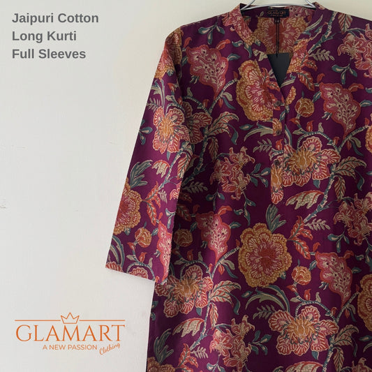 Jaipuri Cotton Long Kurti Co-ord Set - Purple Floral Print