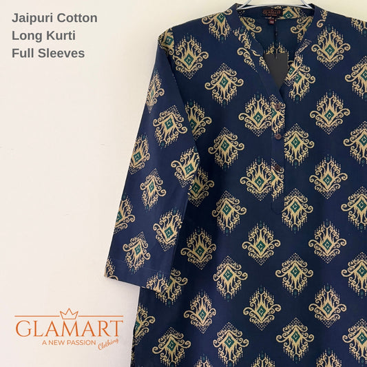 Jaipuri Cotton Long Kurti Co-ord Set - Navy Blue & Sea Green Ethnic Motif Print