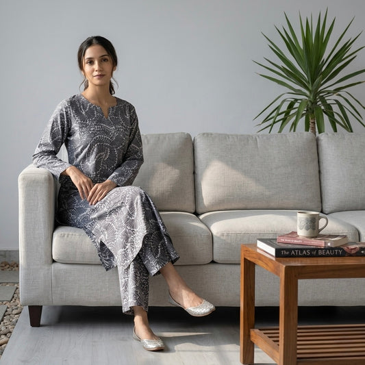 Jaipuri Cotton Long Kurti Co-ord Set - Grey & White Wavy Print