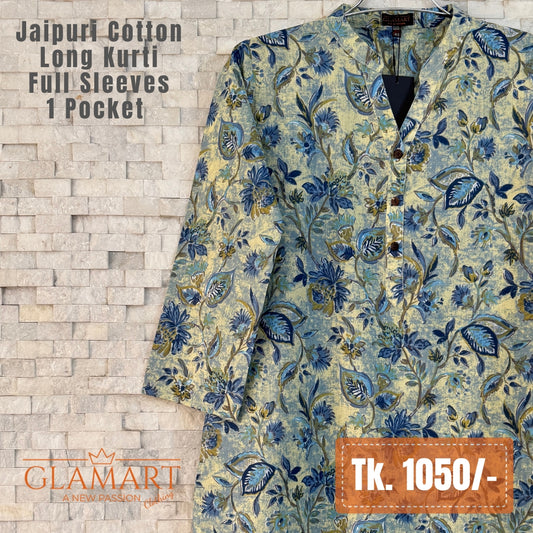 Jaipuri Pure Cotton Long Kurti - Light Yellow & Blue Floral Print