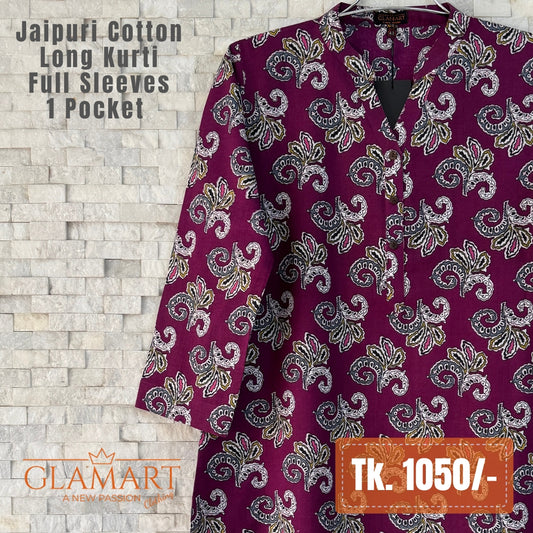 Jaipuri Pure Cotton Long Kurti - Deep Plum Floral Pattern