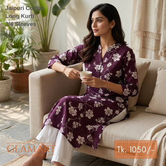 Jaipuri Cotton Long Kurti - Dark Burgundy & White Floral Print