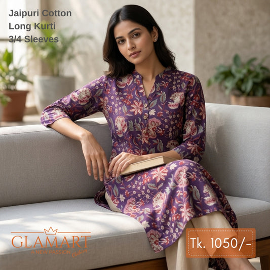 Jaipuri Cotton Long Kurti - Deep Plum & Multi-Color Floral Print