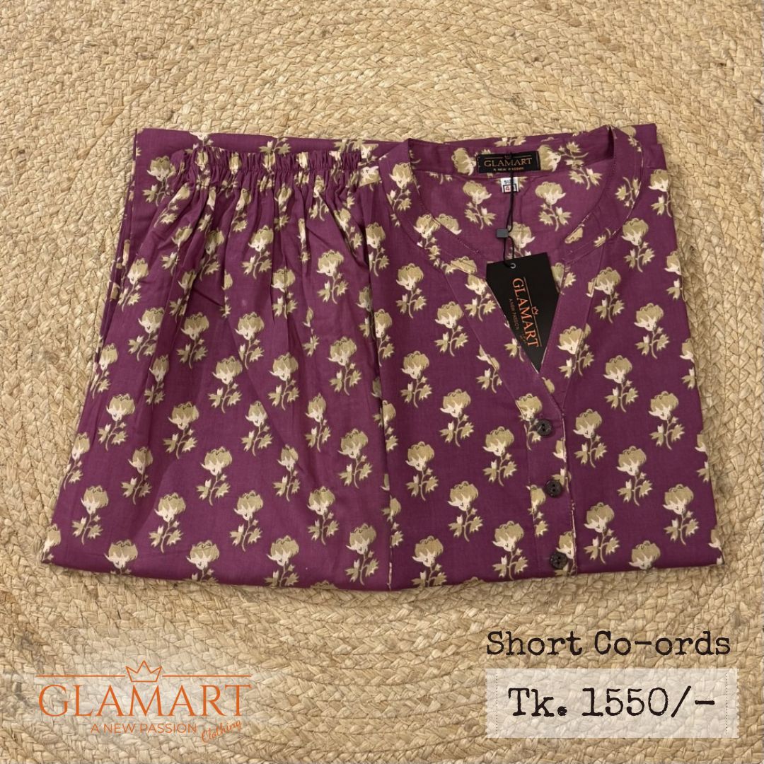 Jaipuri Cotton Short Kurti Co-ord Set – Mauve Maroon & Sage Floral Print
