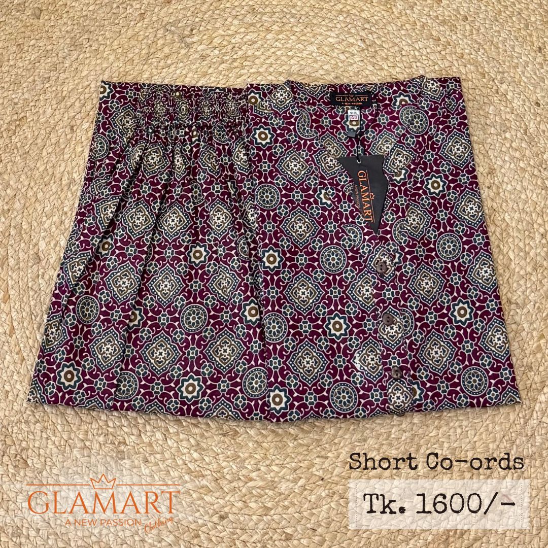 Jaipuri Cotton Short Kurti Co-ord Set – Burgundy Geometric Print