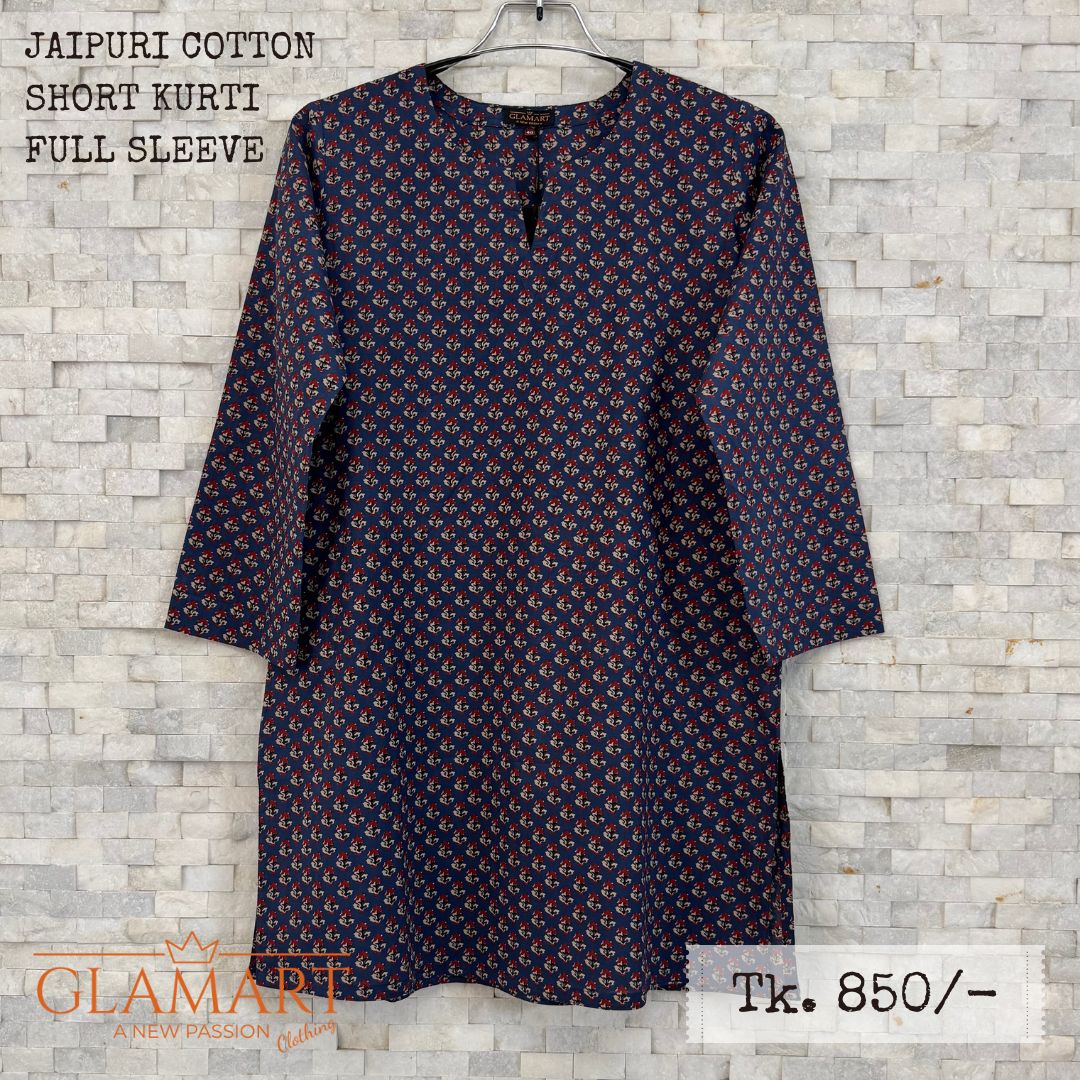 Jaipuri Cotton Full Sleeve Short Kurti - Navy Blue with Small Floral Print | SK0065