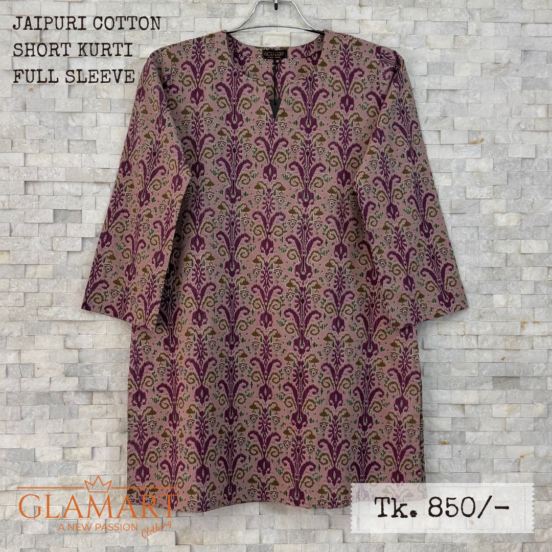 Jaipuri Cotton Full Sleeve Short Kurti - Dusty Mauve Brown with Ethnic Ikat Print | SK0068