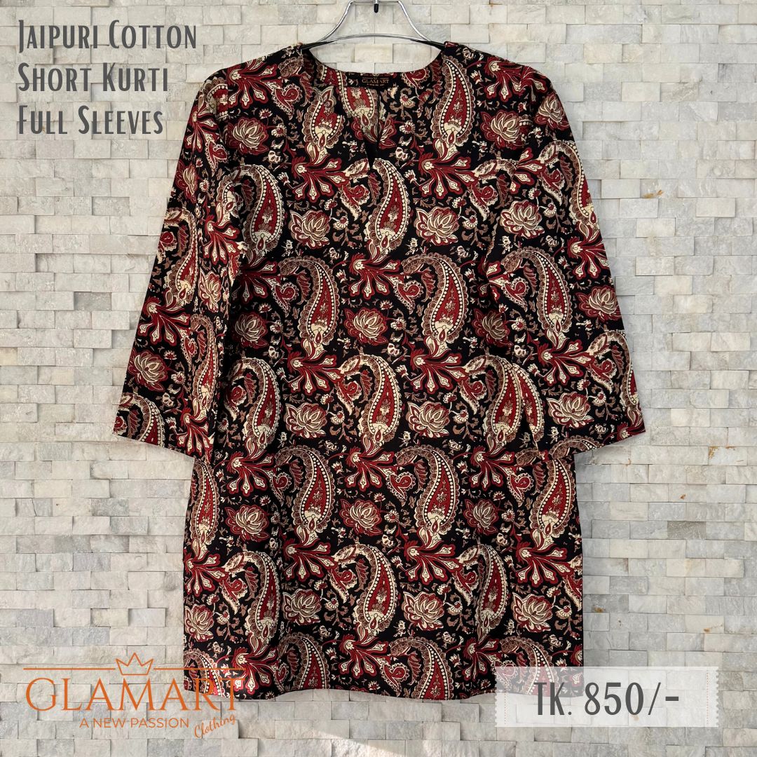 Jaipuri Cotton Full Sleeve Short Kurti - Black & Maroon with Ornate Paisley Print | SK0070