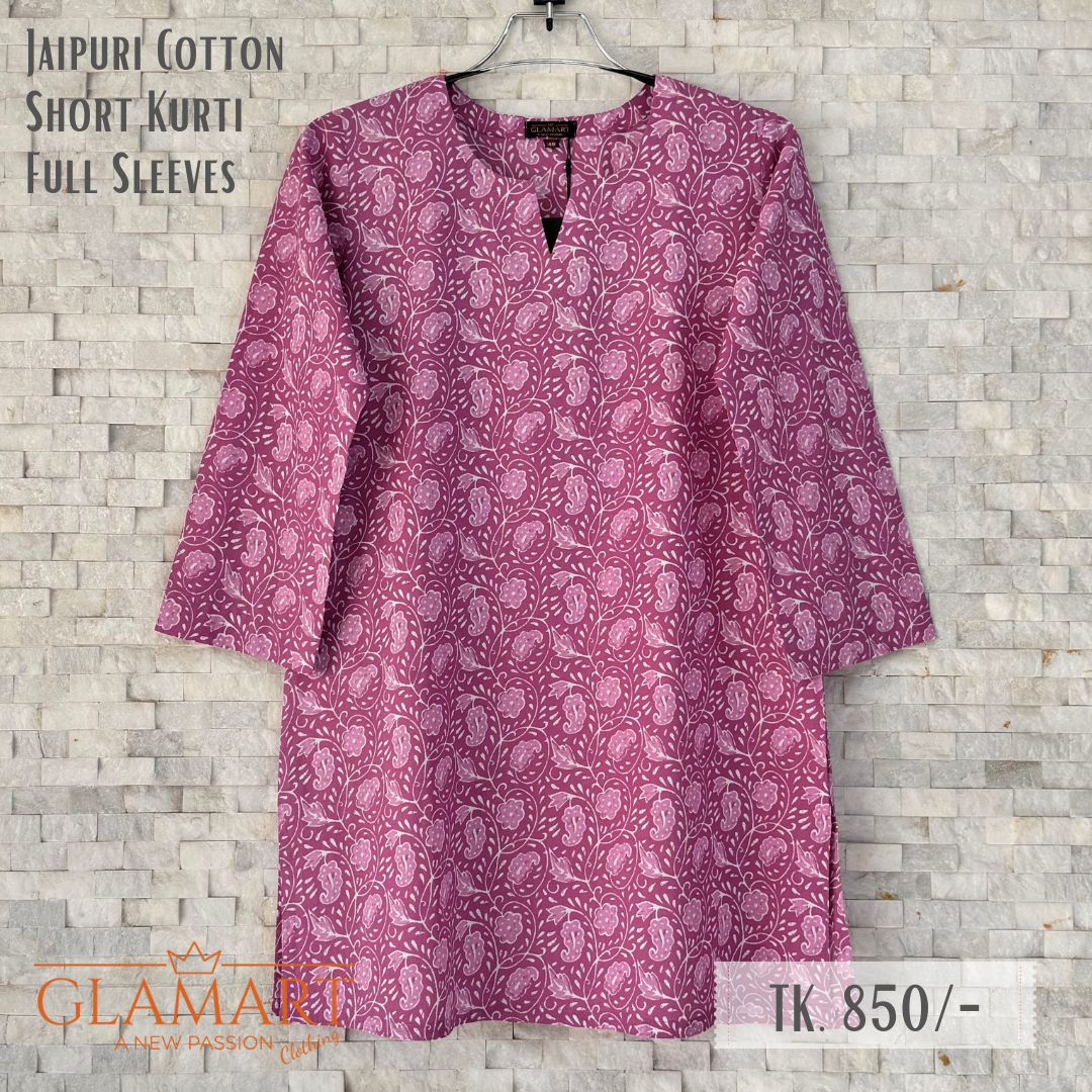Jaipuri Cotton Full Sleeve Short Kurti - Mulberry with White Floral Vine Print | SK0075