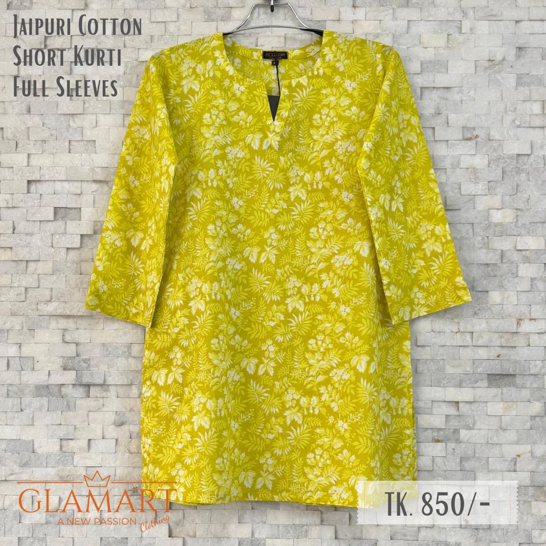 Jaipuri Cotton Full Sleeve Short Kurti - Lime Green & White Floral Print | SK0078