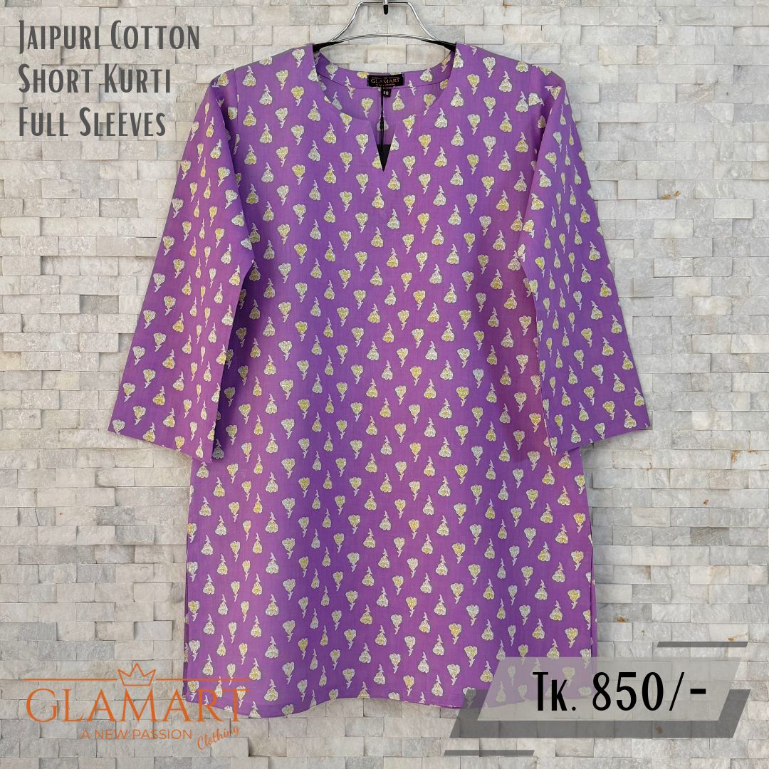 Jaipuri Cotton Full Sleeve Short Kurti - Lavender & Yellow Bud Print | SK0083
