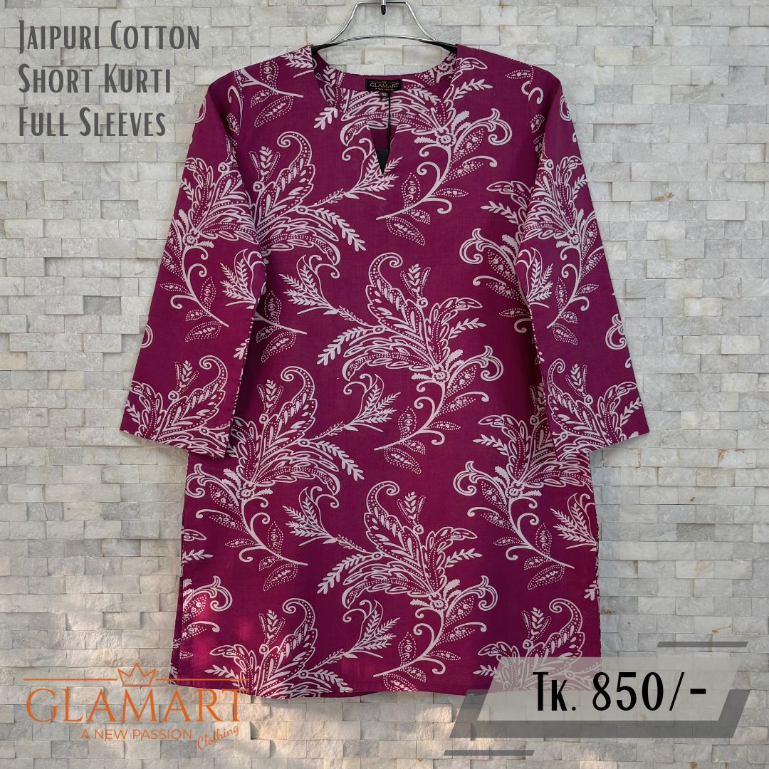 Jaipuri Cotton Full Sleeve Short Kurti - Berry & White Ornate Paisley Print | SK0085