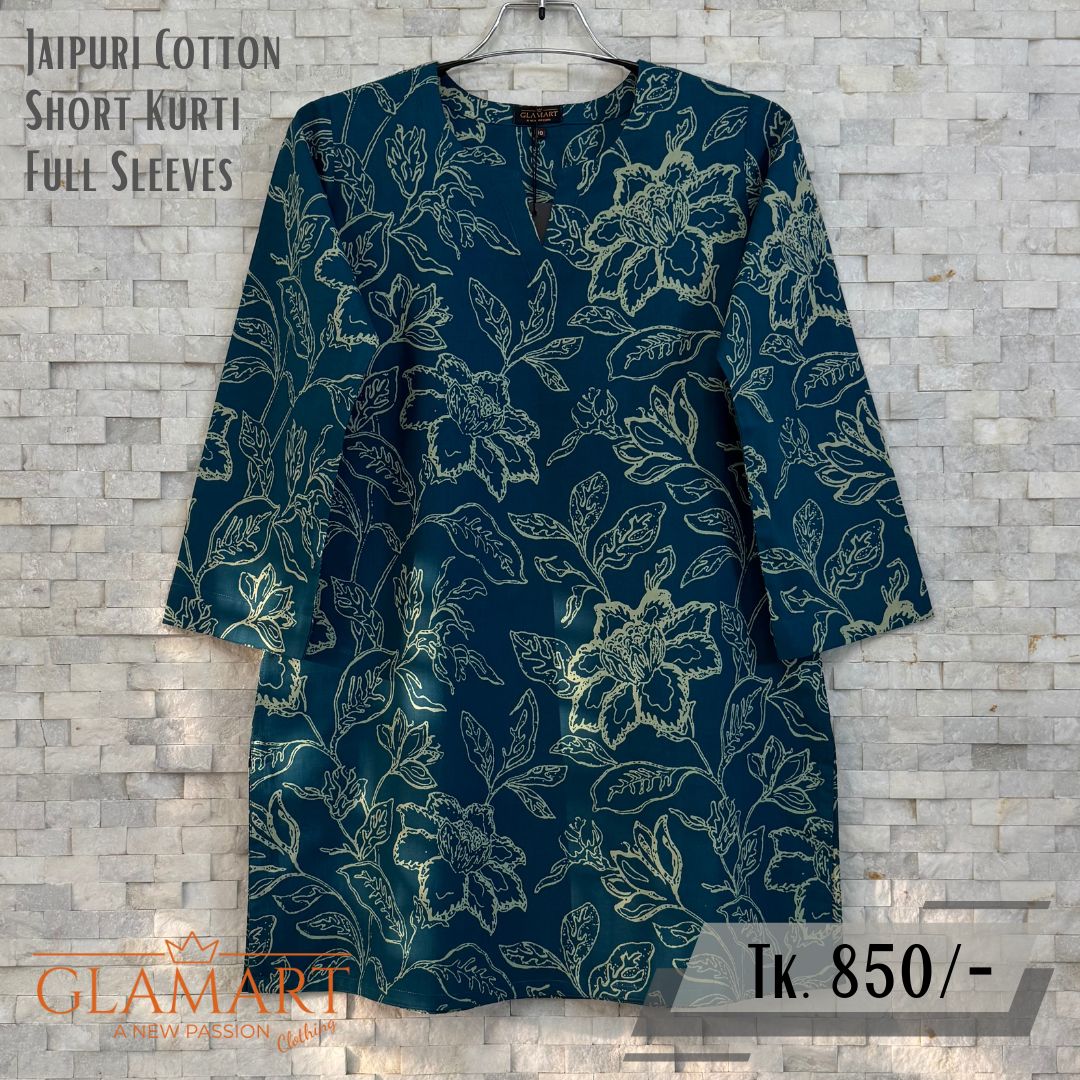 Jaipuri Cotton Full Sleeve Short Kurti - Dark Teal Blue & Beige Floral Outline | SK0087