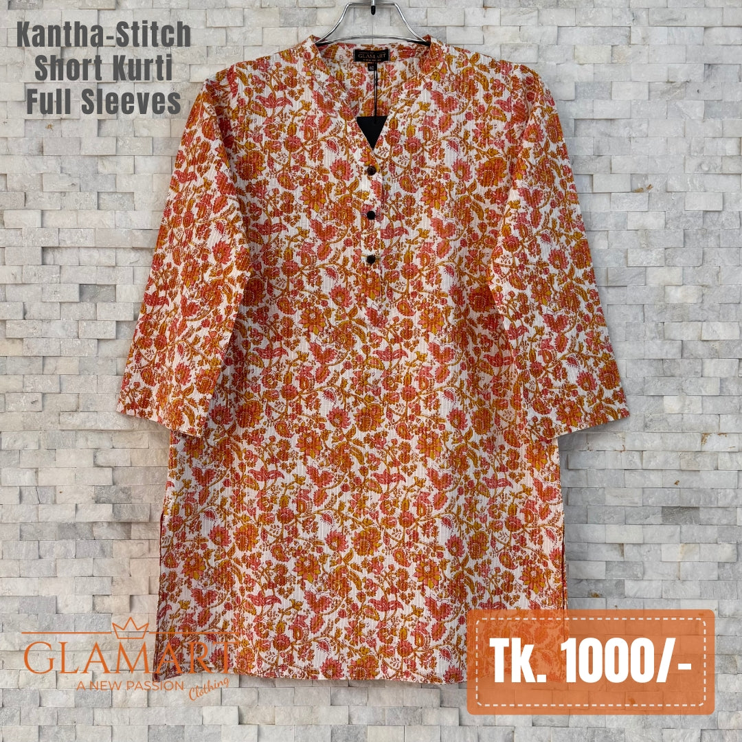 Kantha-Stitch Full Sleeve Short Kurti - Off-white & Orange Rust Floral Print | SK0095