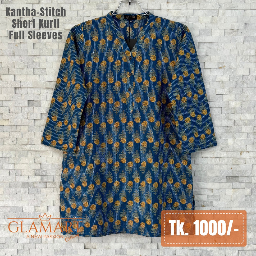 Kantha-Stitch Full Sleeve Short Kurti - Teal Blue & Yellow Marigold Butti Print | SK0096