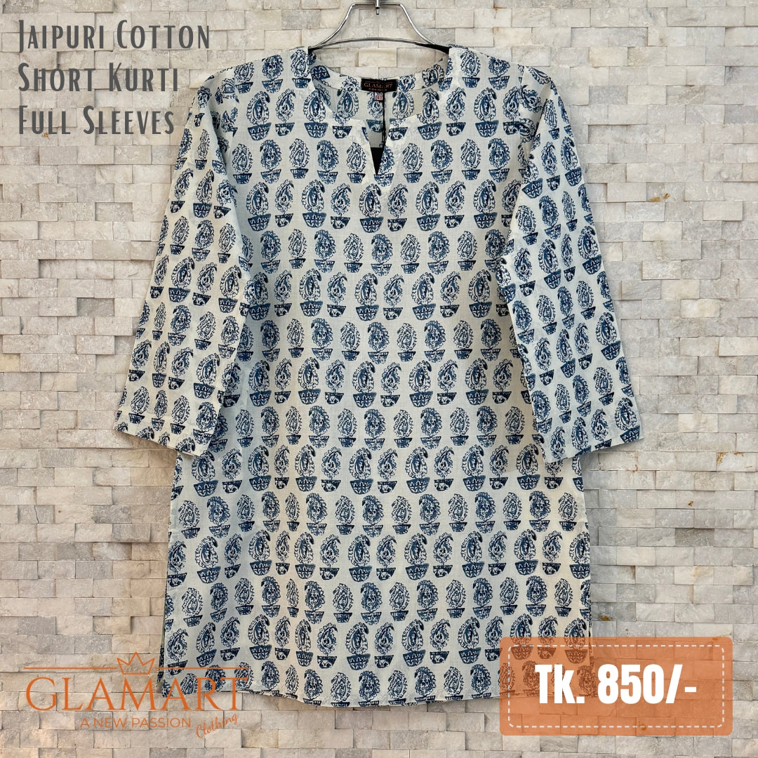 Jaipuri Cotton Full Sleeve Short Kurti - White and Blue Paisley Print