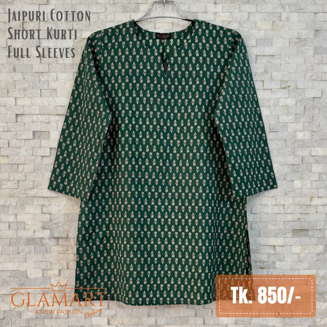 Jaipuri Cotton Full Sleeve Short Kurti - Dark Green Traditional Floral Print