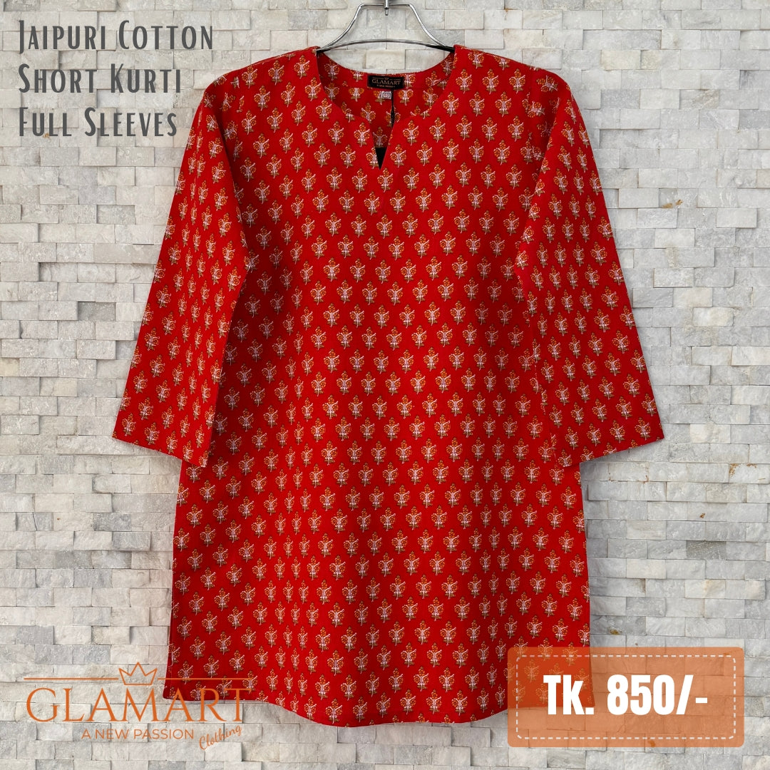 Jaipuri Cotton Full Sleeve Short Kurti - Vibrant Red Floral Buti Print