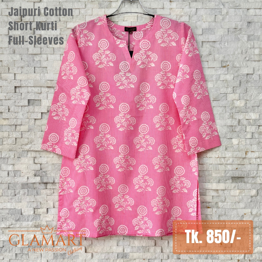 Jaipuri Cotton Full Sleeve Short Kurti - Bubblegum Pink Floral Print