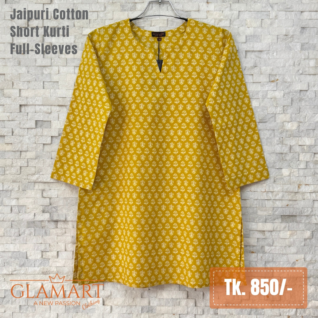 Jaipuri Cotton Full Sleeve Short Kurti - Mustard Yellow Leafy Floral Print