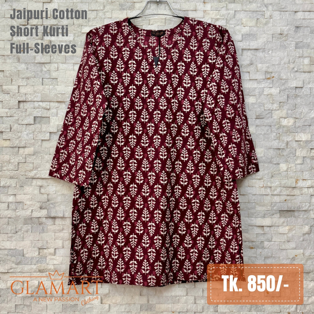 Jaipuri Cotton Full Sleeve Short Kurti - Maroon Off-White Floral Booti Print