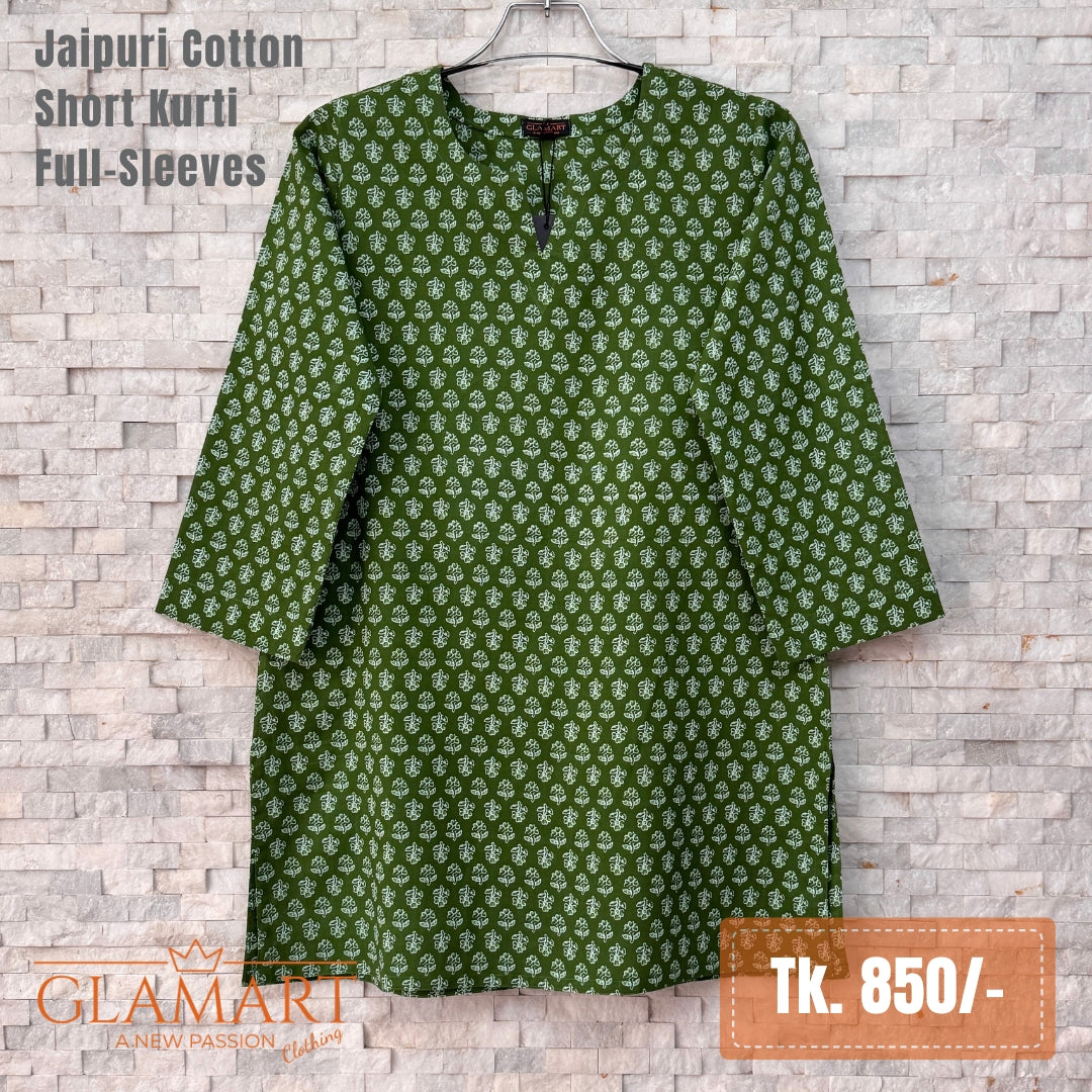 Jaipuri Cotton Full Sleeve Short Kurti - Olive Green Floral Leafy | Glamart