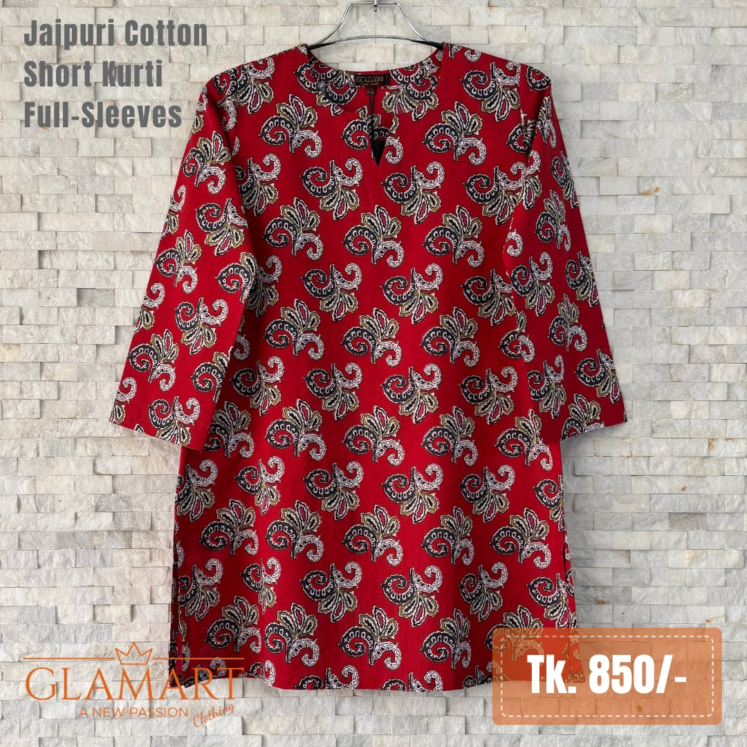 Jaipuri Cotton Full Sleeve Short Kurti - Red Floral Paisley | Glamart