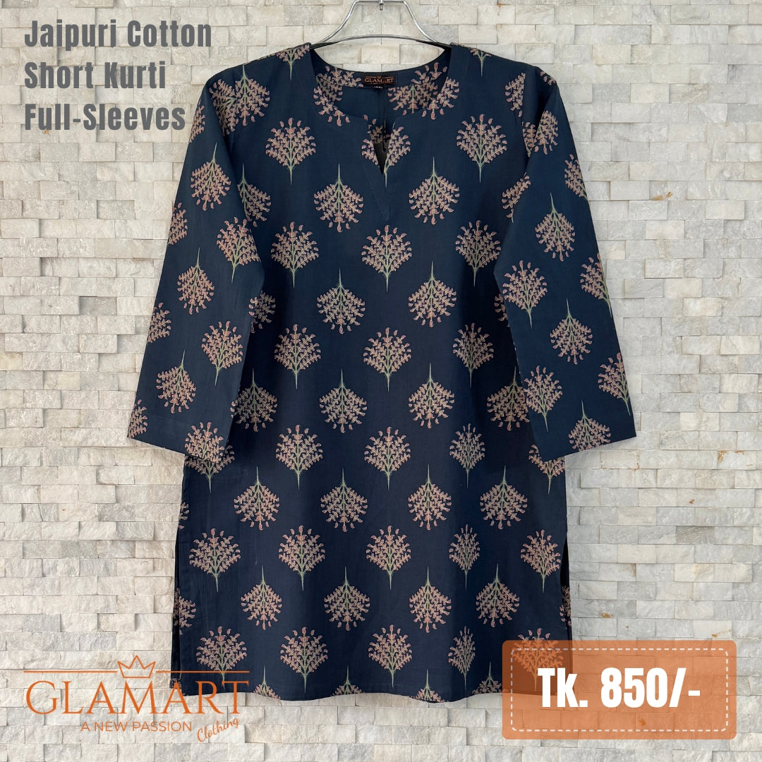 Jaipuri Cotton Full Sleeve Short Kurti - Navy Blue Tree Motif | Glamart