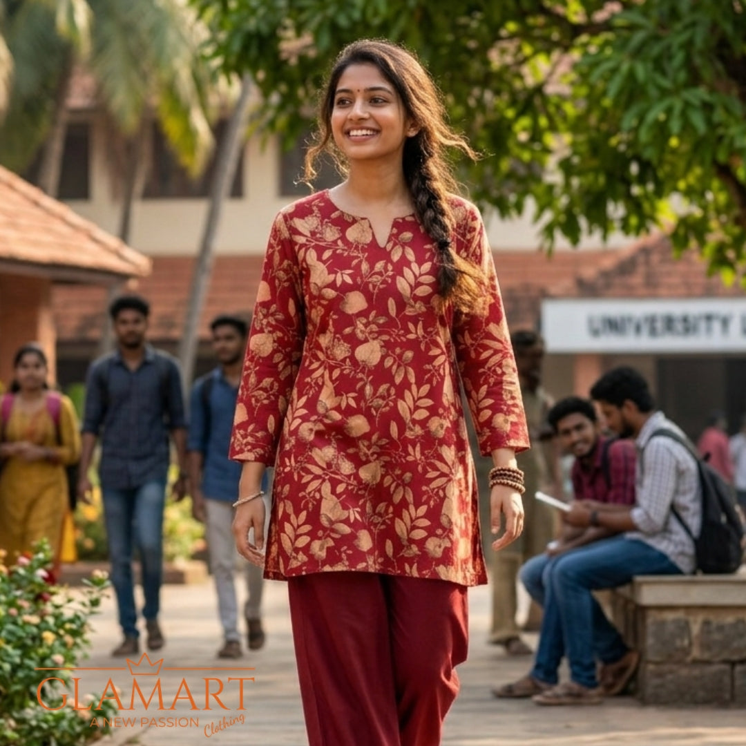 Jaipuri Cotton Full Sleeve Short Kurti - Maroon & Brown Floral | Glamart