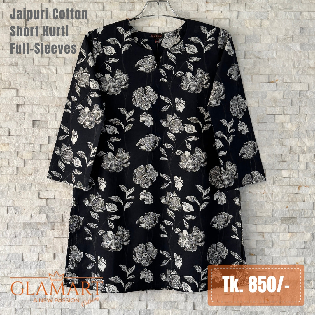 Jaipuri Cotton Full Sleeve Short Kurti - Black & White Floral | Glamart