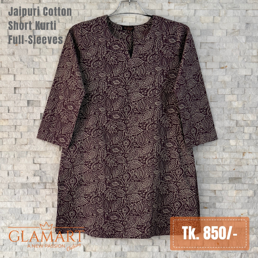 Jaipuri Cotton Full Sleeve Short Kurti – Burgundy Floral | Glamart