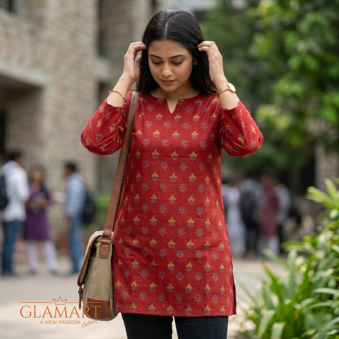 Jaipuri Cotton Full Sleeve Short Kurti – Red & Mustard Floral | Glamart