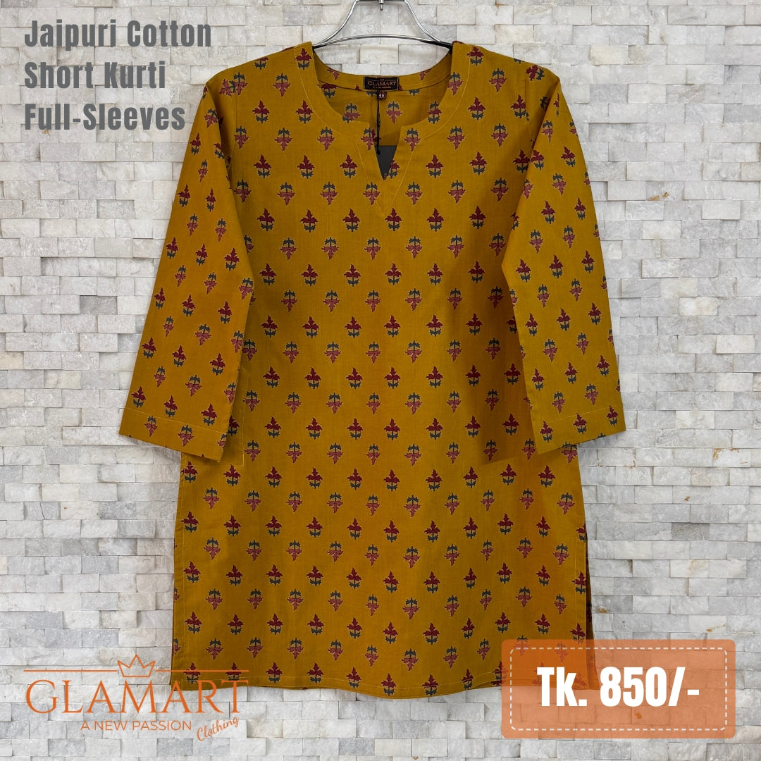Jaipuri Cotton Full Sleeve Short Kurti – Mustard & Red Floral | Glamart