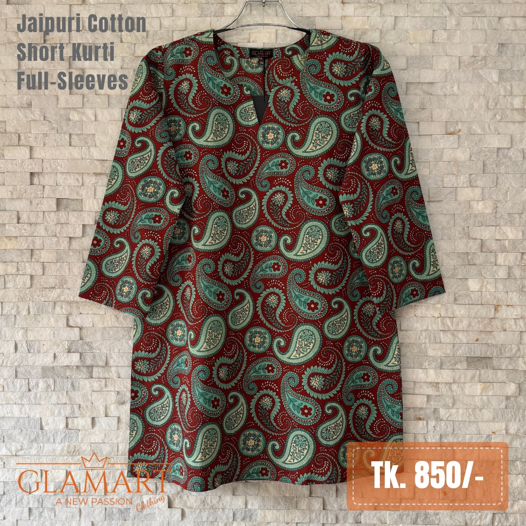 Jaipuri Cotton Full Sleeve Short Kurti – Maroon Paisley & Zig-Zag Print