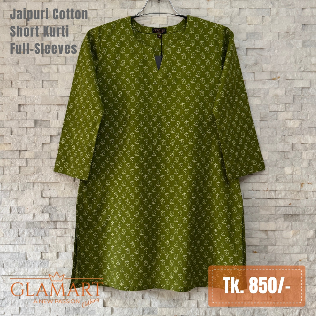 Jaipuri Cotton Full Sleeve Short Kurti – Bright Leaf Green Floral Butti Print