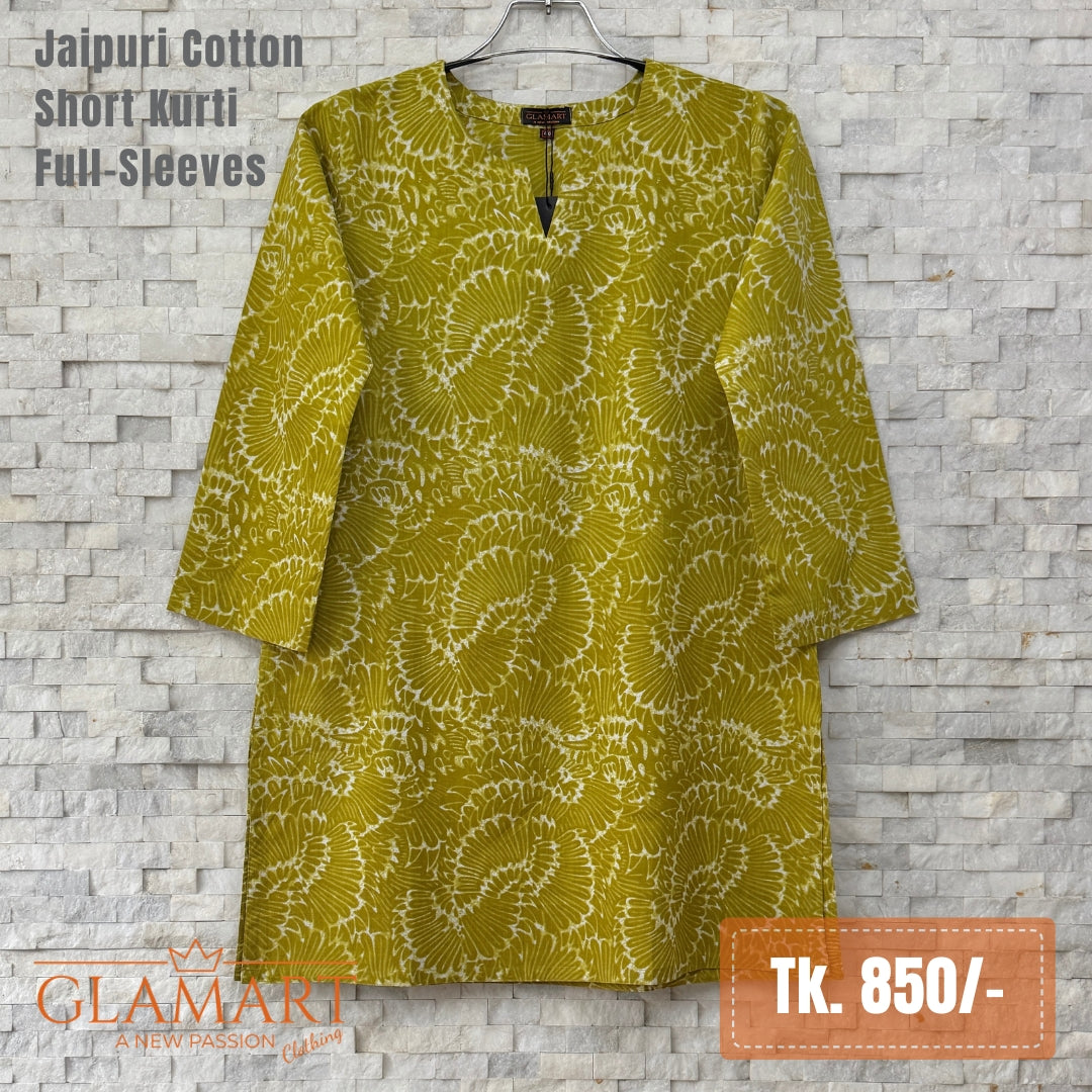 Jaipuri Cotton Full Sleeve Short Kurti – Olive-Yellow & White Fan Floral Print