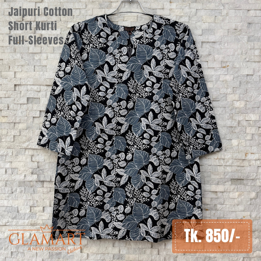 Jaipuri Cotton Full Sleeve Short Kurti – Black & Grey Leaf Print