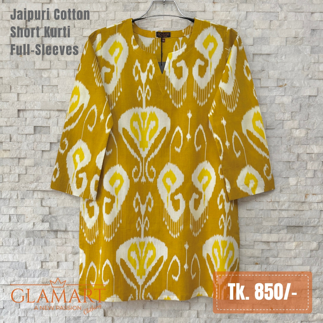 Jaipuri Cotton Short Kurti – Mustard & White Ikat Print