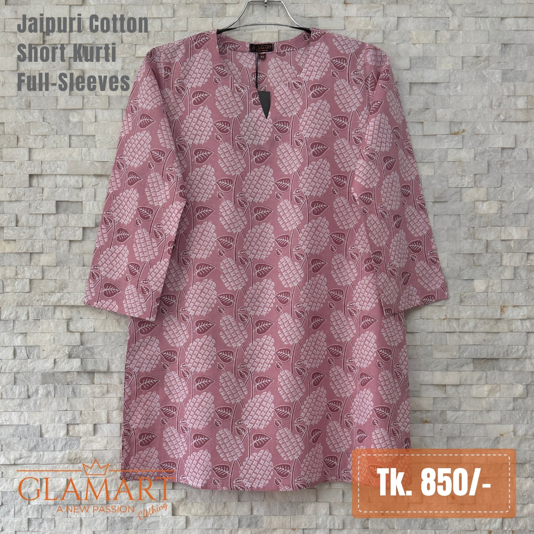 Jaipuri Cotton Short Kurti – Dusty Rose & White Botanical Print