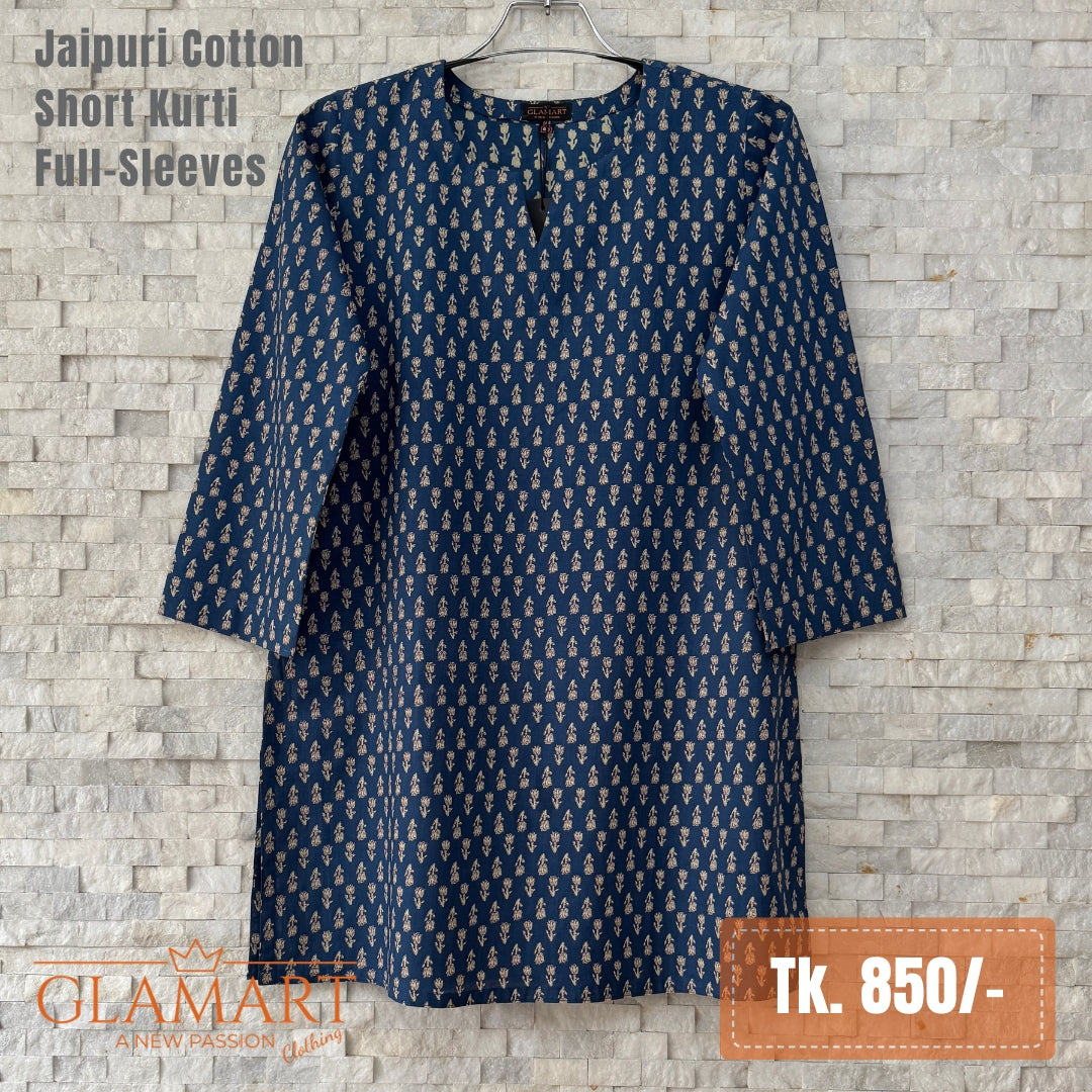 Jaipuri Cotton Short Kurti – Navy Blue & Beige Floral Butti Print