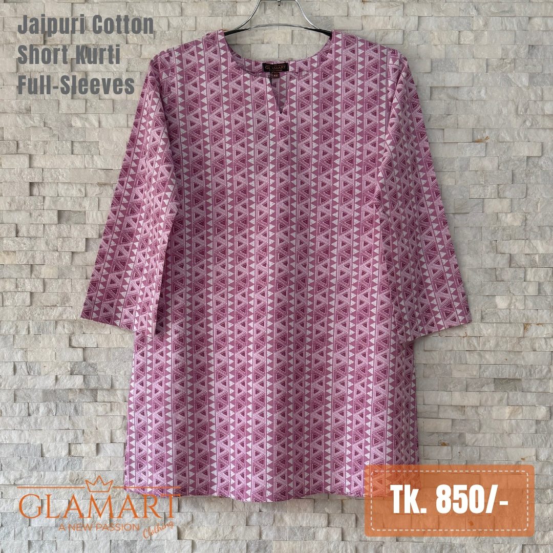 Jaipuri Cotton Short Kurti - Purplish Pink Geometric Print