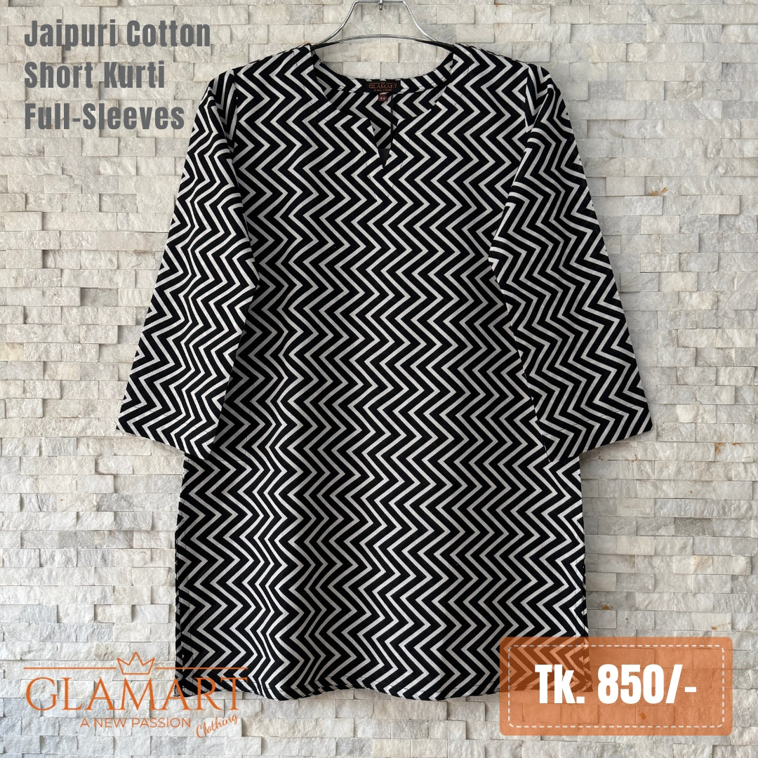 Jaipuri Cotton Short Kurti - Black and White Zigzag Print