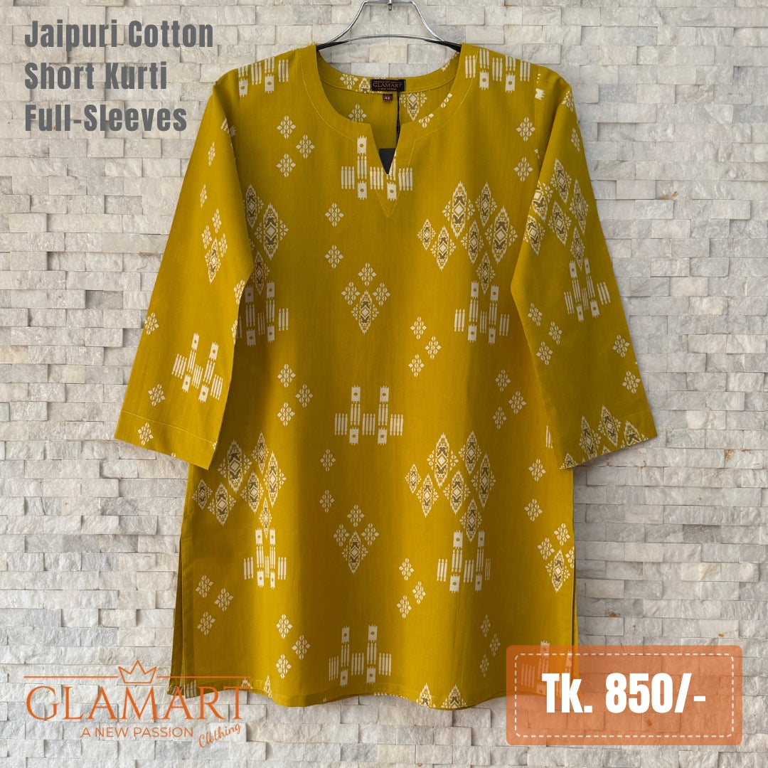 Jaipuri Cotton Short Kurti - Mustard Yellow Tribal Print