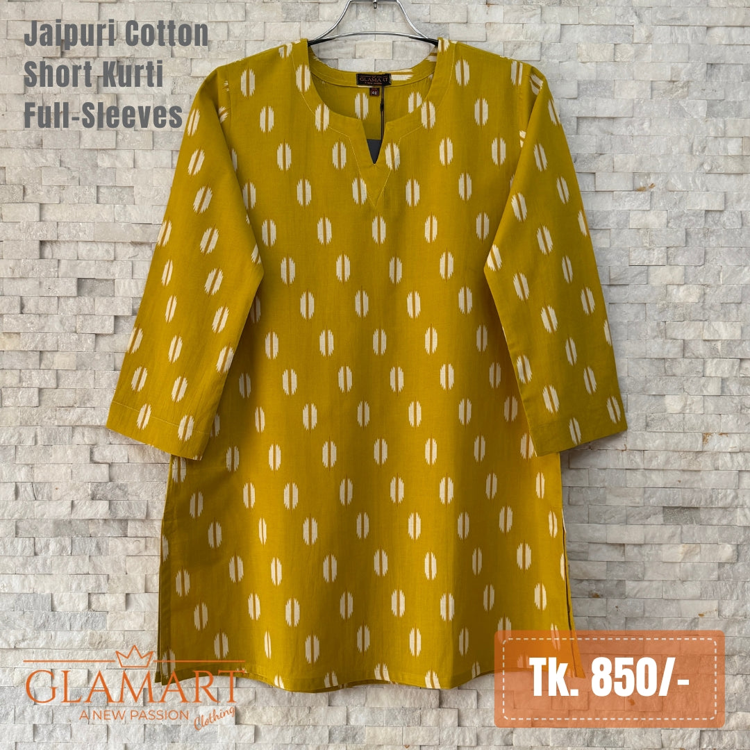 Jaipuri Cotton Short Kurti - Mustard Yellow Ogee Print