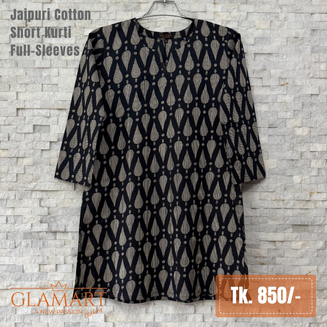 Jaipuri Cotton Short Kurti - Black & Beige Leaf Print