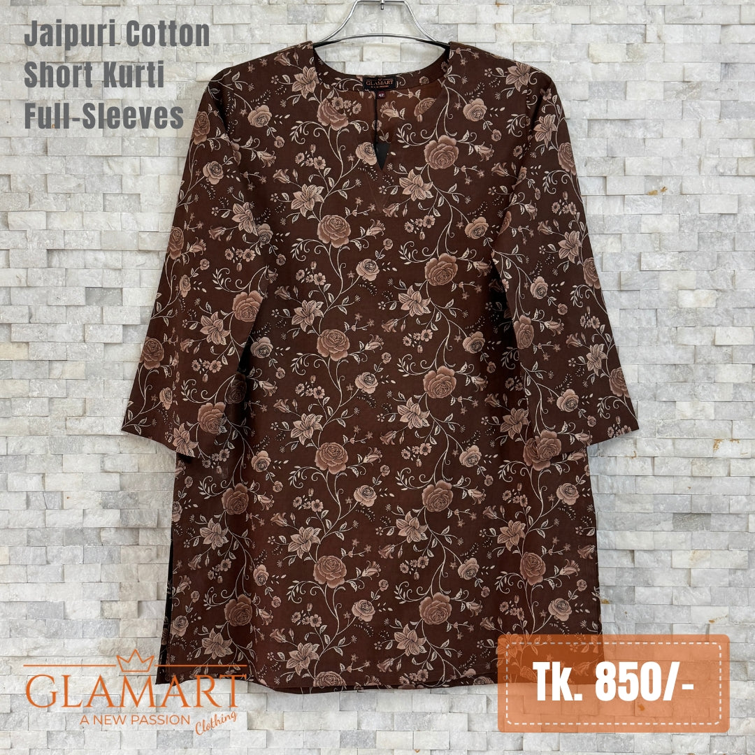 Jaipuri Cotton Short Kurti - Chocolate Brown & Rose Floral Print