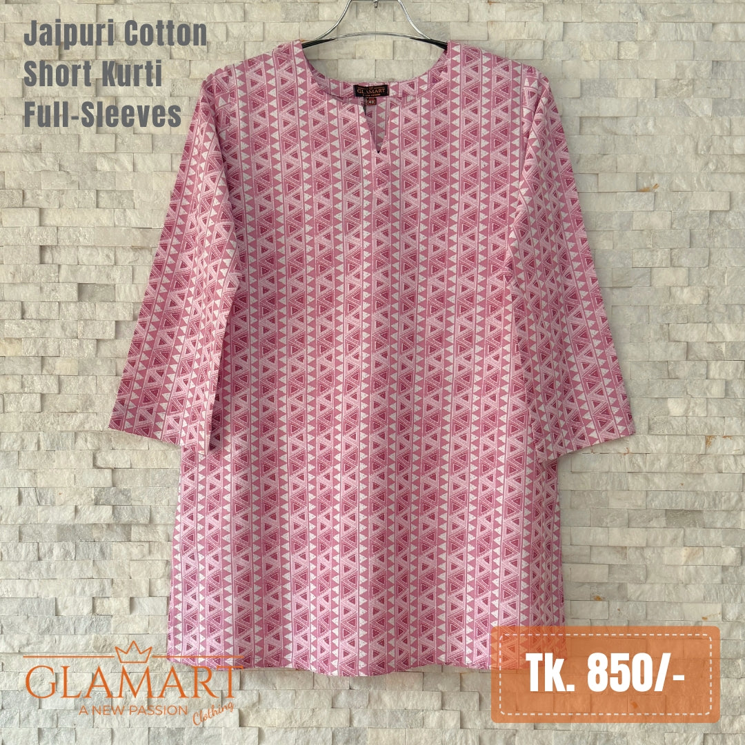 Jaipuri Cotton Short Kurti - Mauve Pink & White Geometric Print